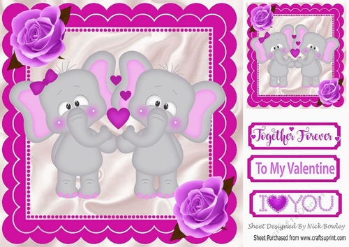Cute pair of romantic elephants with cerise roses 8x8
