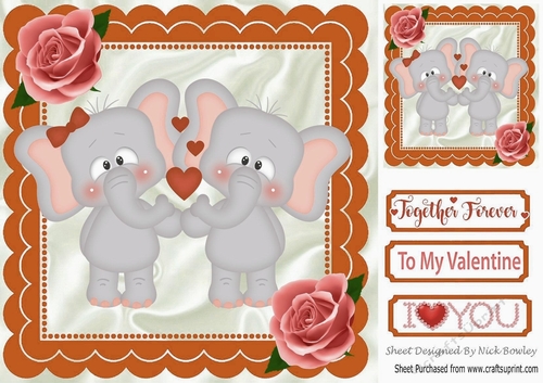 Cute pair of romantic elephants with peach roses 8x8