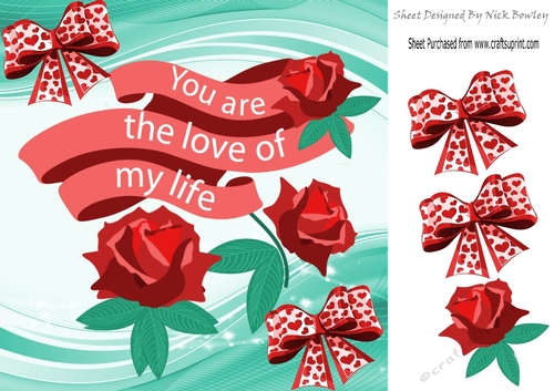 You are the love of my life! with red heart bows & roses 8x8
