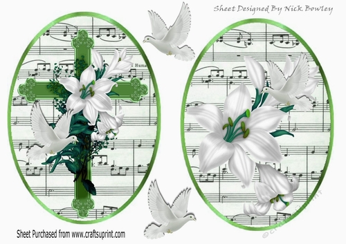 two lovely sympathy toppers of a green cross, white lillies, & doves