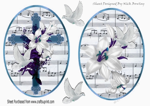 two lovely sympathy toppers of a blue cross, white lillies, & doves