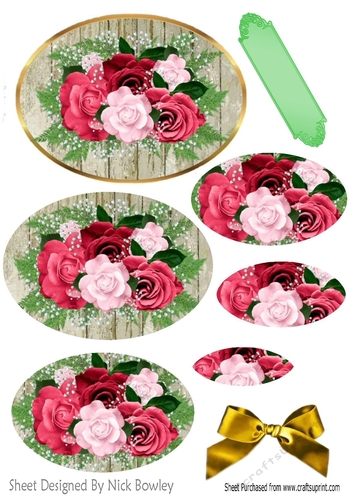 pretty vintage pink/red roses with gold bow oval pyramids