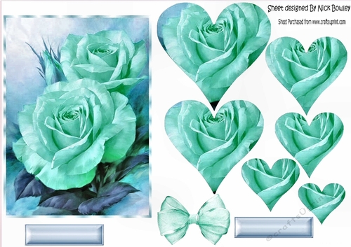 pretty A5 turq roses in heart pyramids with organza bow