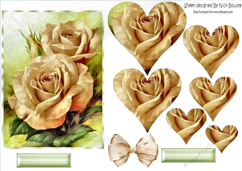pretty A5 gold/cream roses in heart pyramids with organza bow