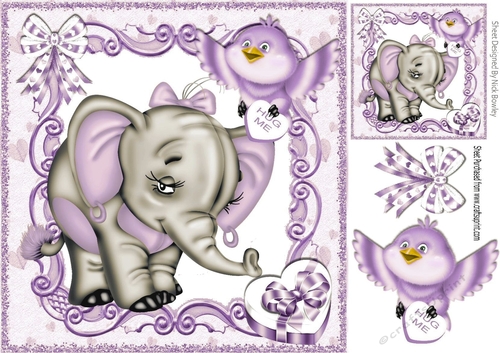 I Need a Hug! lovely ele with cute lilac bird bird 8x8