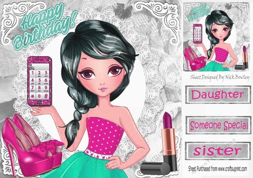 Trendy girl loves fashion with cerise mobile phone, 8x8