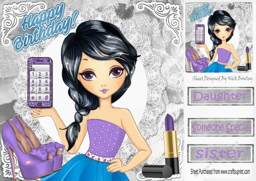 Trendy girl loves fashion with purple mobile phone, 8x8