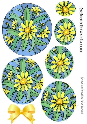 A pretty Kaleidoscope of yellow painted flowers circle pyramids