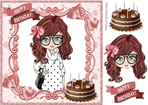 trendy girl in pink bow loves to shop!, with birthday cake 8x8