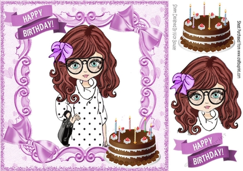 trendy girl in purple bow loves to shop!, with birthday cake 8x8