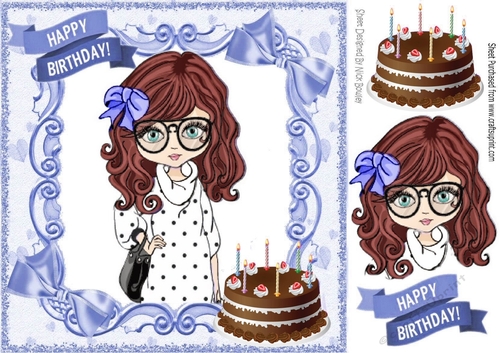 trendy girl in blue bow loves to shop!, with birthday cake 8x8