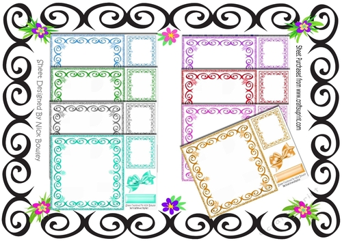 8 Lovely 8x8 coloured swirls card fronts with bow, topper and tags