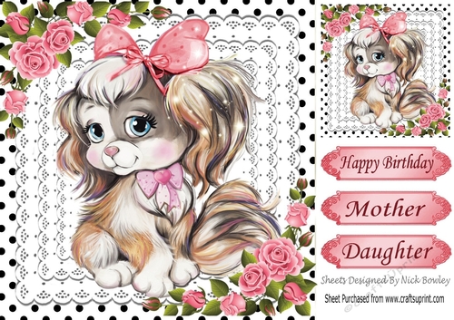 Adorable little puppy with bow , pink roses & lace 8x8