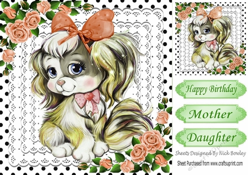 Adorable little puppy with bow , peach roses & lace 8x8