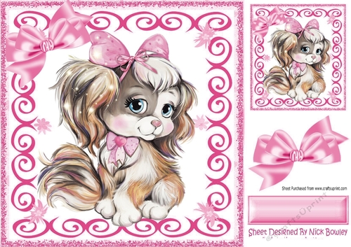 Adorable little puppy with bow in pink swirl frame 8x8