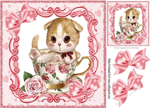 Cute kitten in a teacup with pink roses & bows 8x8