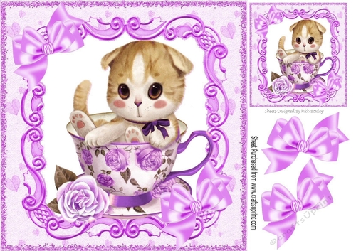 Cute kitten in a teacup with lilac roses & bows 8x8