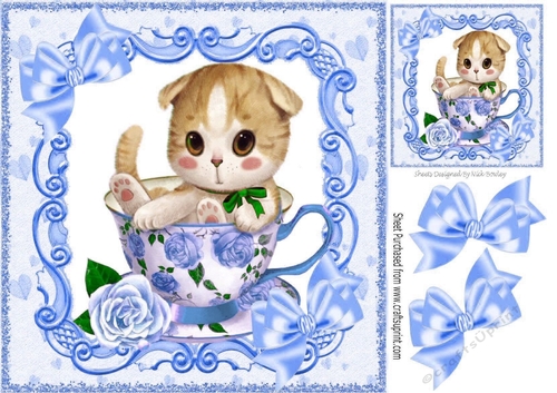 Cute kitten in a teacup with blue roses & bows 8x8