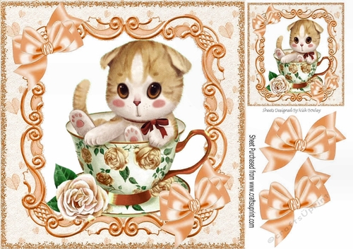 Cute kitten in a teacup with peach roses & bows 8x8