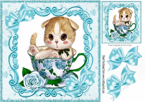 Cute kitten in a teacup with turq roses & bows 8x8