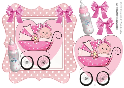 Sweet baby girl in her pram with bottle in pink polkadot frame