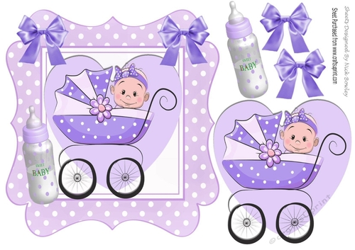 Sweet baby girl in her pram with bottle in lilac polkadot frame
