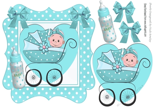 Sweet baby girl in her pram with bottle in turq polkadot frame