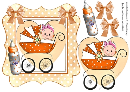 Sweet baby girl in her pram with bottle in peach polkadot frame