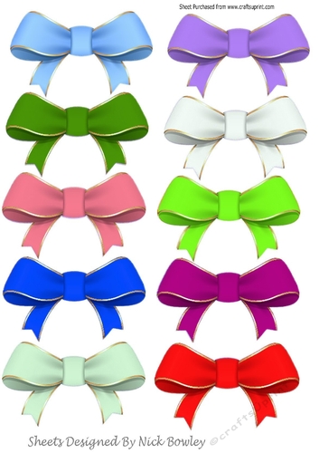 ten pretty coloured satin bows with gold edge