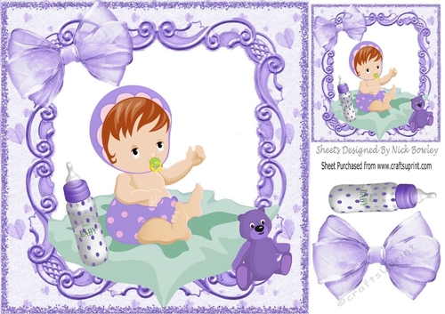 cute baby girl, sitting on her blanket with purple teddy 8x8