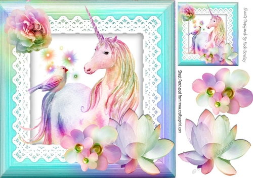 pretty fantasy rainbow unicorn with flowers bird on lace 8x8