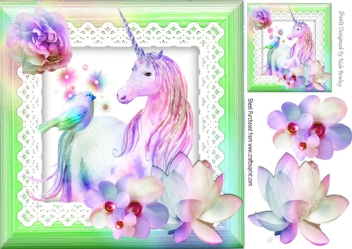 pretty fantasy rainbow unicorn with flowers bird on lace (green) 8x8