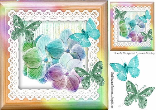 fantasy rainbow flowers and butterflies on lace (two) 8x8