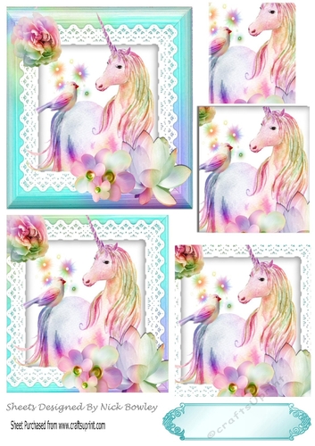 pretty fantasy rainbow unicorn with flowers bird on lace pyramids (turq) 8x8
