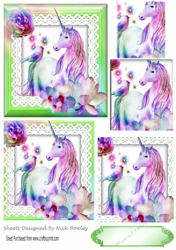 pretty fantasy rainbow unicorn with flowers bird on lace pyramids (green) 8x8
