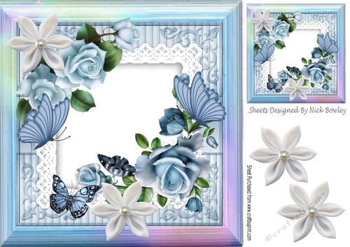 pretty blue roses on lace with butterflies and rainbow frame 8x8