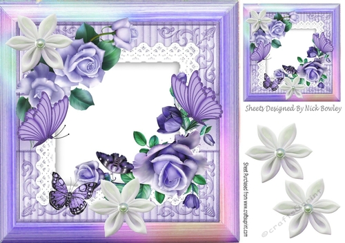 pretty purple roses on lace with butterflies and rainbow frame 8x8