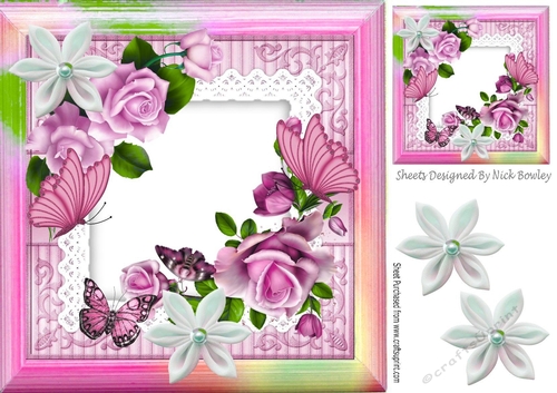 pretty pink roses on lace with butterflies and rainbow frame 8x8