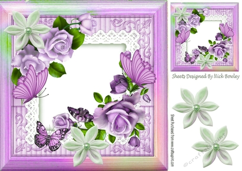 pretty lilac roses on lace with butterflies and rainbow frame 8x8