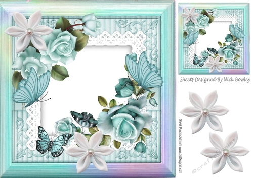 pretty turq roses on lace with butterflies and rainbow frame 8x8
