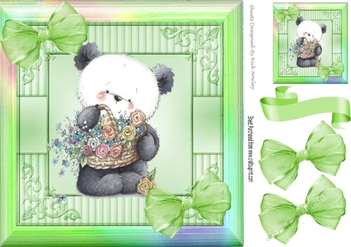 cute little panda with flowers and green  bows in rainbow frame 8x8