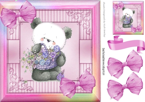 cute little panda with flowers and pink  bows in rainbow frame 8x8