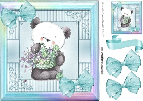cute little panda with flowers and turq  bows in rainbow frame 8x8