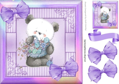 cute little panda with flowers and purple  bows in rainbow frame 8x8