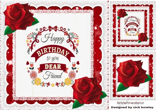 Happy Birthday to a dear friend with red roses & lace 8x8