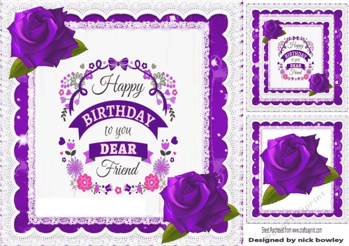 Happy Birthday to a dear friend with purple roses & lace 8x8