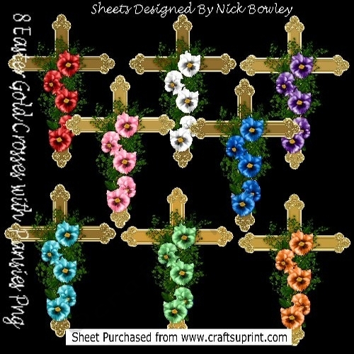 Eight lovely ornate gold easter crosses with pretty coloured pansies