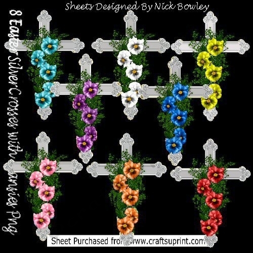 Eight lovely ornate silver easter crosses with pretty coloured pansies