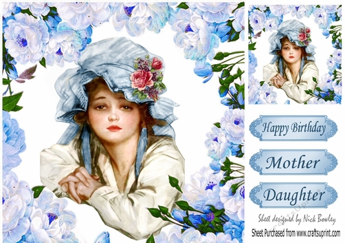 pretty vintage girl in blue bonnet with  blue peonies 8x8