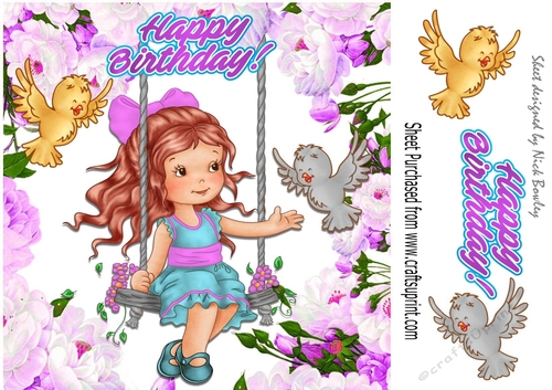 little girl on a swing in flower frame with birds 8x8